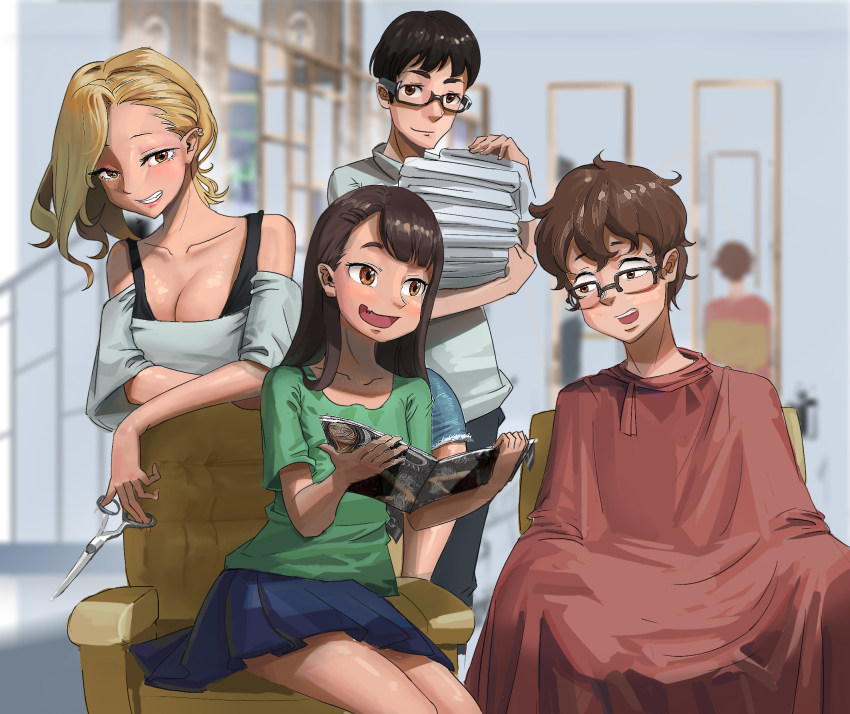 2boys, 2girls, anjou_(yancha_gal), black_hair, black_tank_top, blonde_hair, blouse, blue_skirt