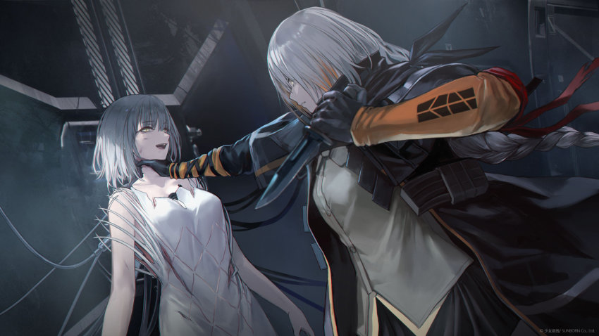 2girls, braid, braided_ponytail, breasts, girls'_frontline, highres, knife, long_hair