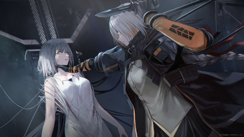 2girls, braid, braided_ponytail, breasts, girls'_frontline, highres, knife, long_hair
