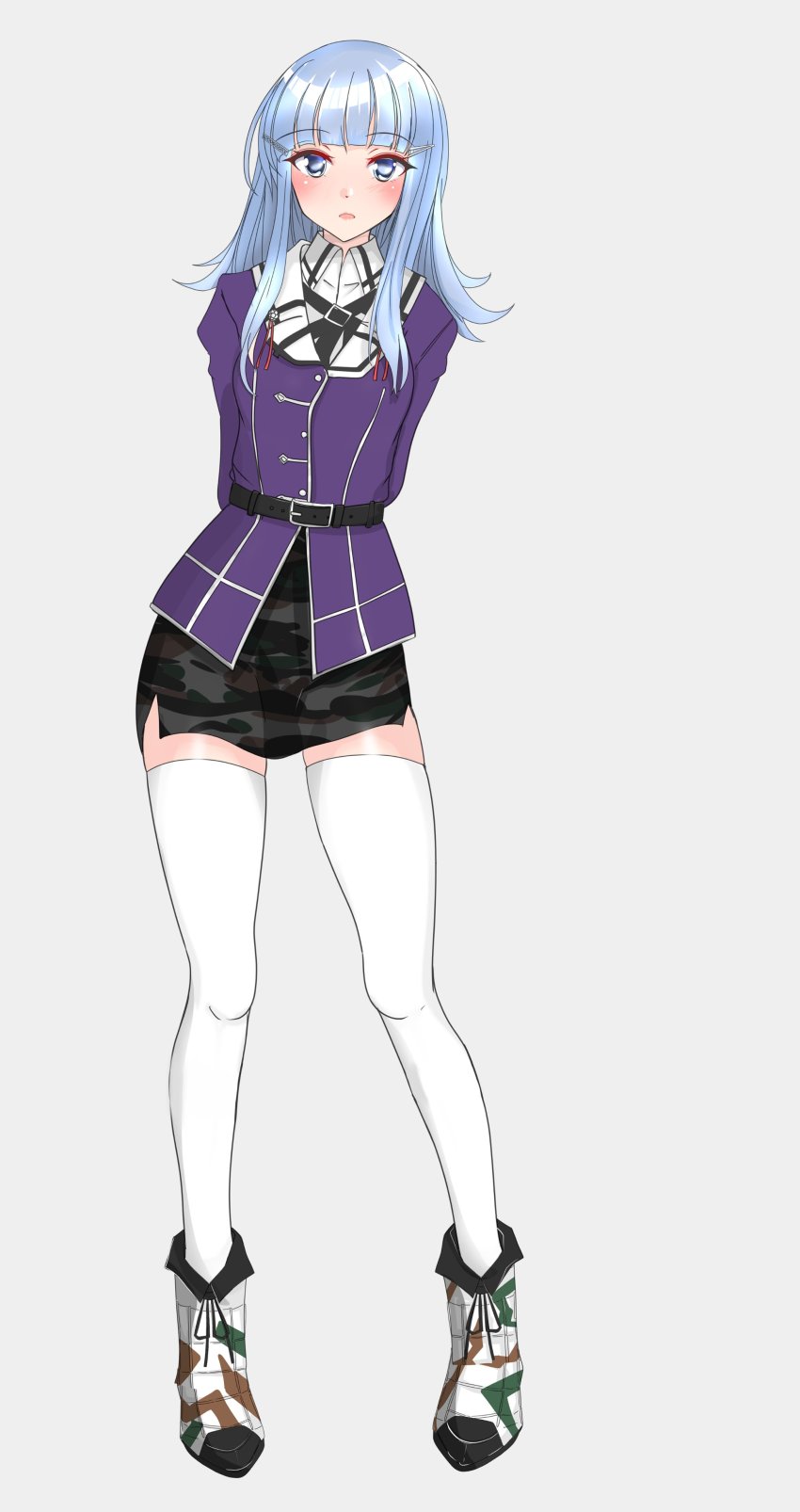 1girl, absurdres, belt, blue_eyes, blue_hair, boots, camouflage, collared_shirt