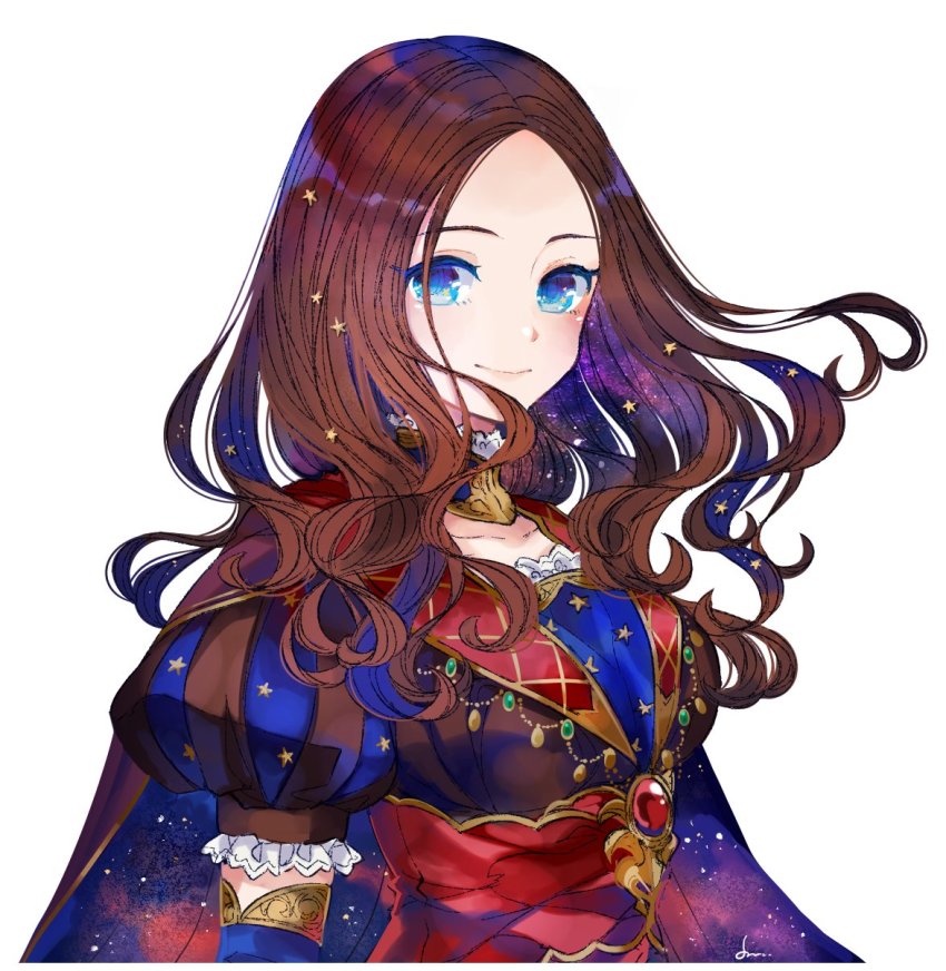 1girl, blue_eyes, brown_hair, commentary_request, detached_collar, fate/grand_order, fate_(series), forehead, highres, leonardo_da_vinci_(caster)_(fate), leonardo_da_vinci_(fate), long_hair, looking_at_viewer, parted_bangs, puffy_short_sleeves, puffy_sleeves, short_sleeves, simple_background, smile, solo, sumisu_(rinsumi), upper_body, white_background