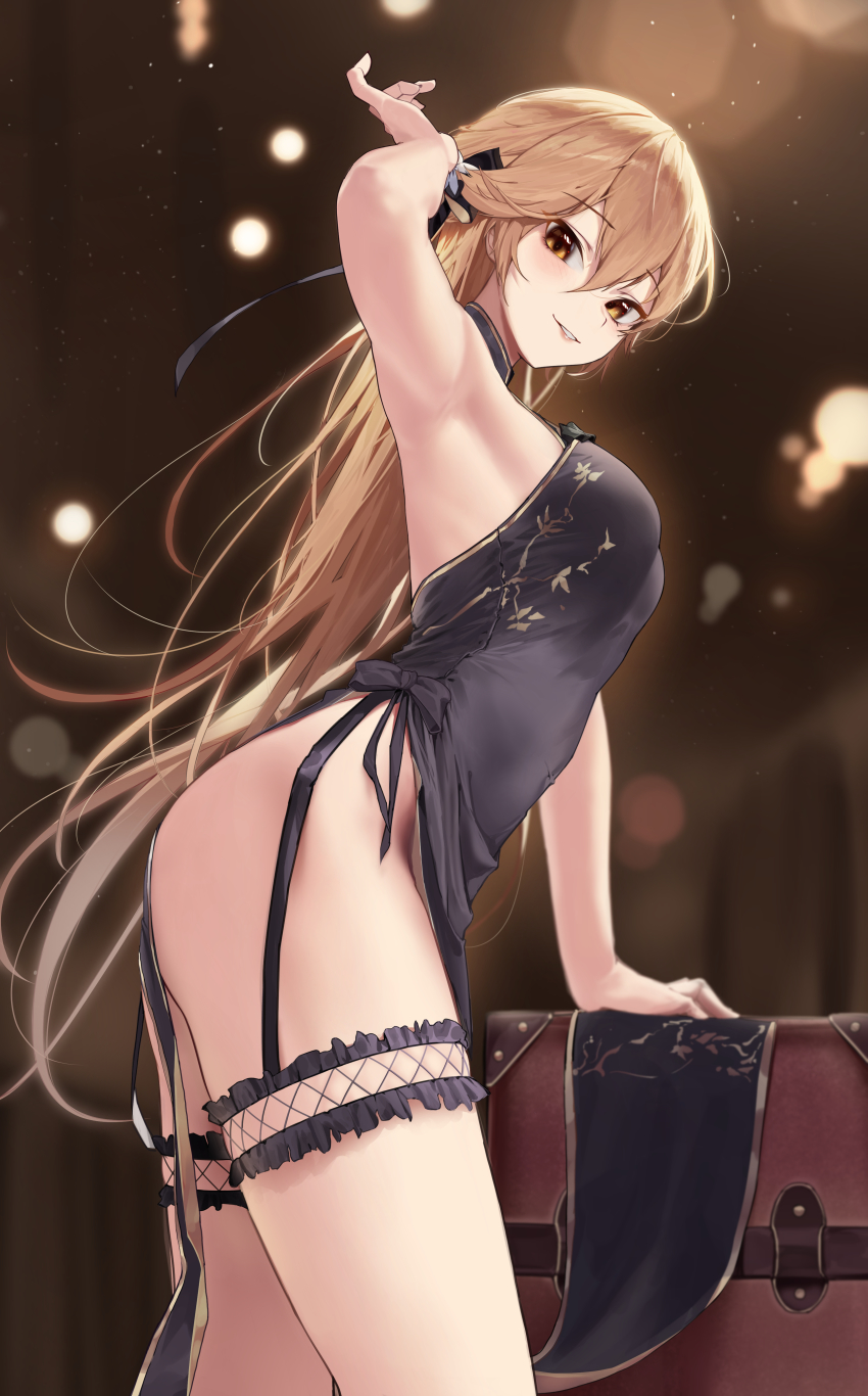 1girl, absurdres, armpits, black_dress, blonde_hair, blush, breasts, closed_mouth, commission, dress, feet_out_of_frame, girls'_frontline, hair_ribbon, hand_in_own_hair, hand_up, highres, kimi_(hearty_yuuki), leaning_forward, lips, long_hair, looking_at_viewer, medium_breasts, no_panties, official_alternate_costume, ots-14_(girls'_frontline), ots-14_(sangria_succulent)_(girls'_frontline), pixiv_commission, ribbon, sideboob, smile, solo, standing, thighs, yellow_eyes