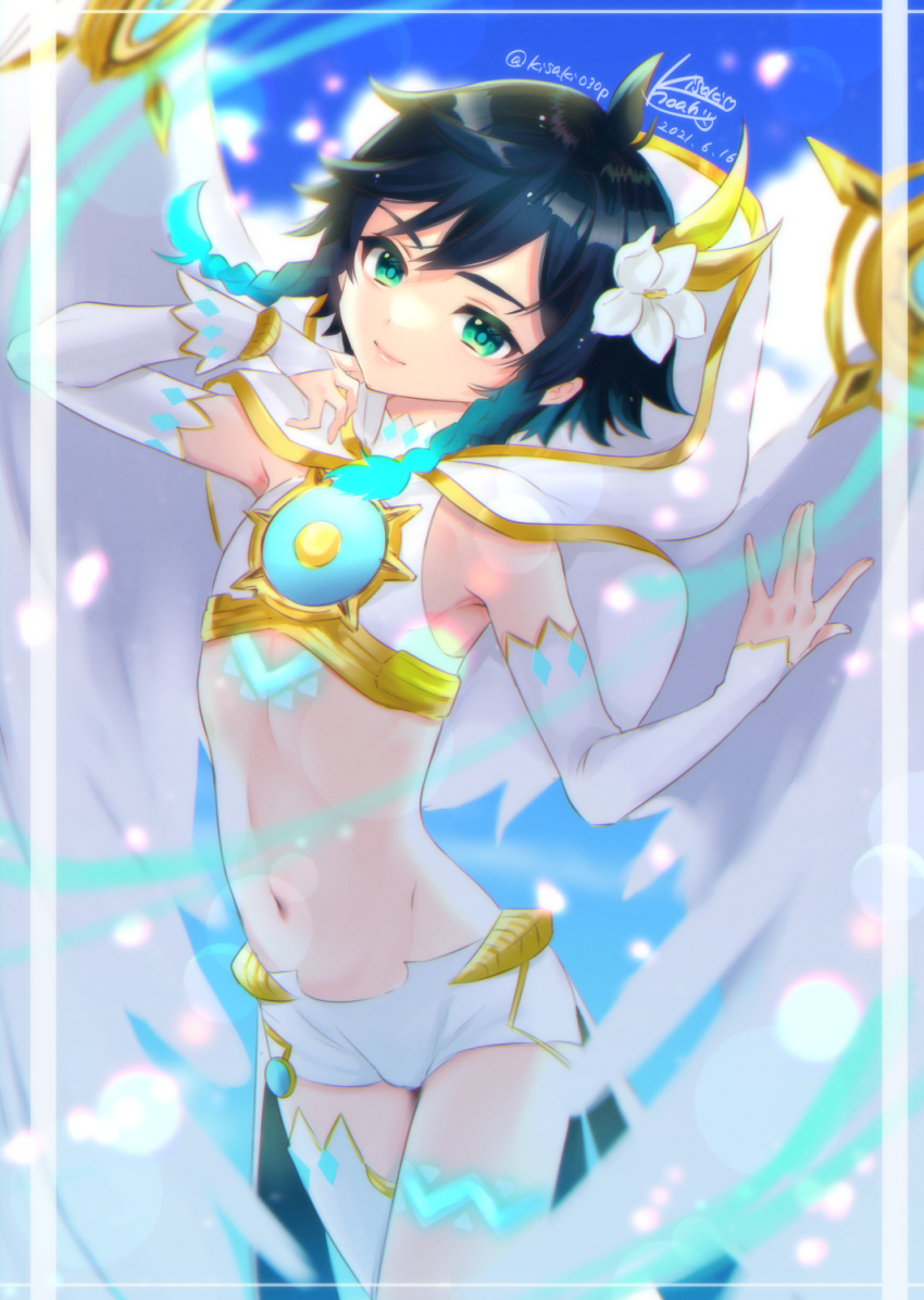 1boy, angel_wings, black_hair, blue_eyes, blue_hair, blush, braid, feathered_wings