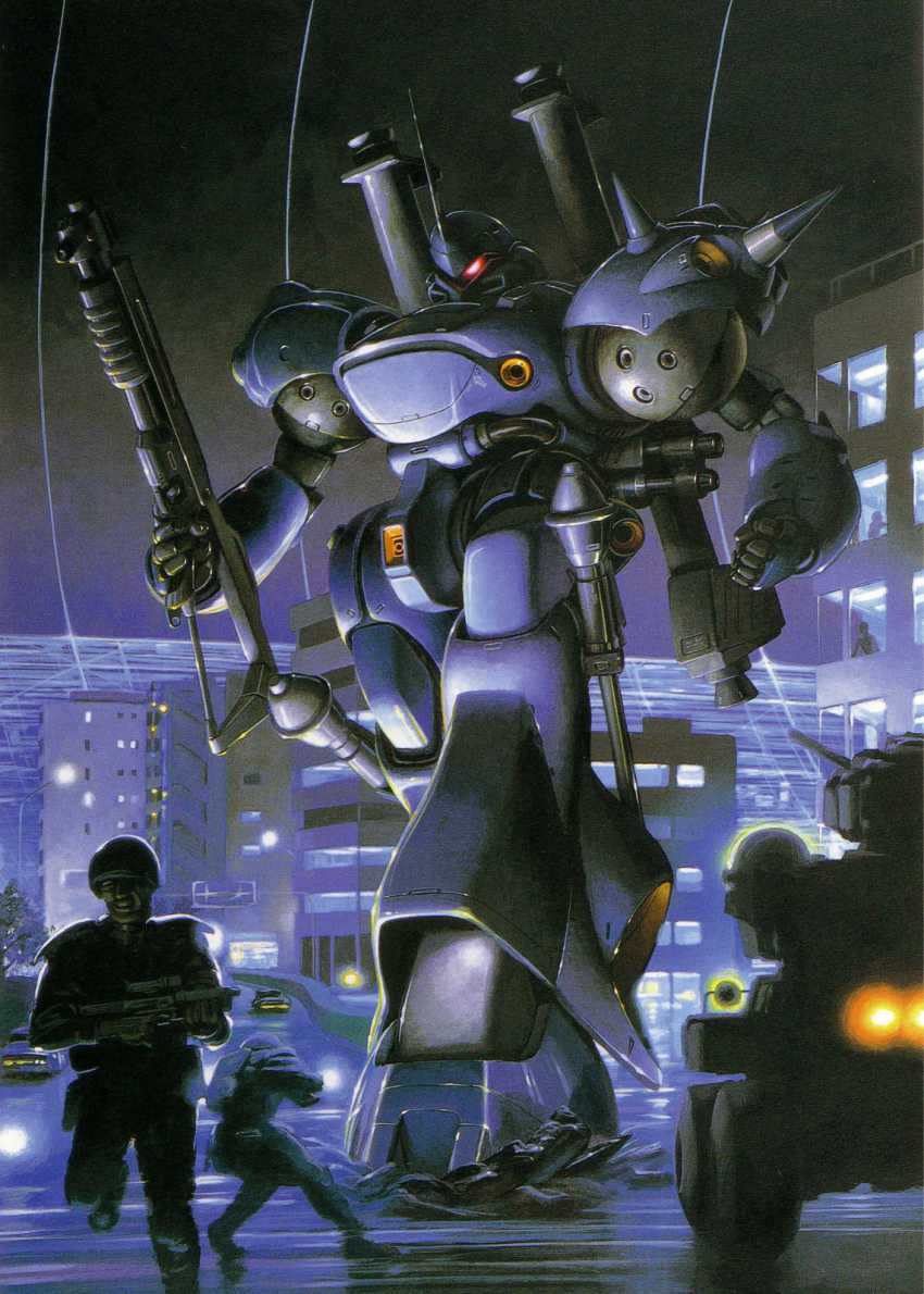 1980s_(style), 2boys, armored_personnel_carrier, armored_vehicle, battle, box_art, bullpup, city, colony_interior, gun, gundam, gundam_0080, high-explosive_anti-tank_(warhead), highres, kampfer_(mobile_suit), m1_bazooka, man-portable_anti-tank_systems, mecha, motor_vehicle, multiple_boys, night, oldschool, panzerfaust, recoilless_gun, retro_artstyle, robot, rocket_launcher, shotgun, soldier, vehicle, weapon