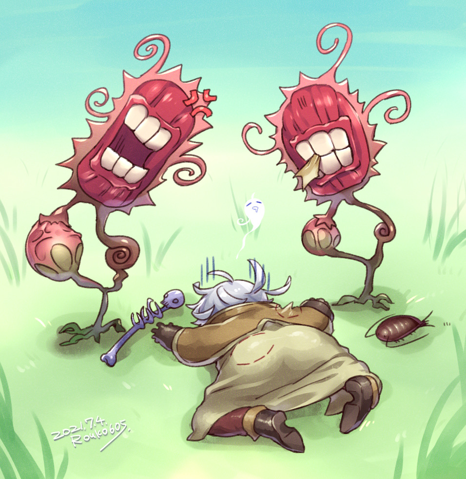 1boy, anger_vein, brown_cape, brown_capelet, brown_footwear, brown_gloves, brown_pants, bug