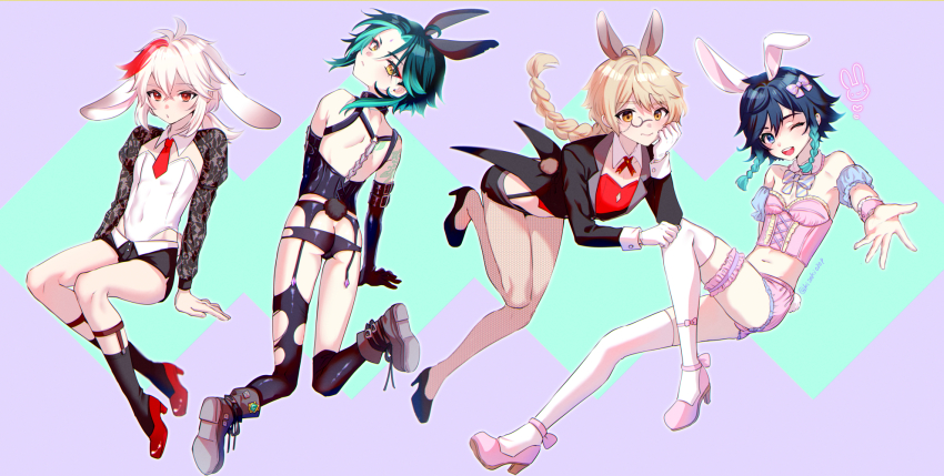 4boys, aether_(genshin_impact), animal_ears, ass, black_hair, blonde_hair, blue_hair, bow