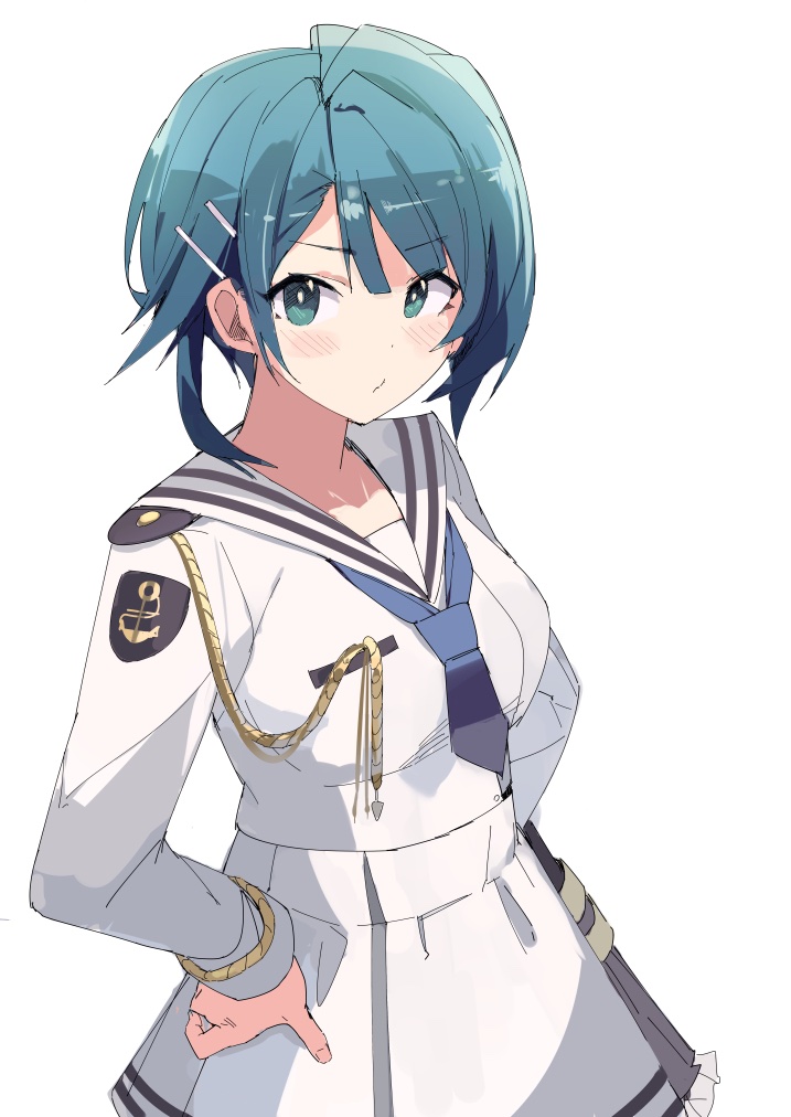1girl, :/, aiguillette, aizawa_kazuha, anchor_symbol, aqua_eyes, assault_lily, asymmetrical_hair