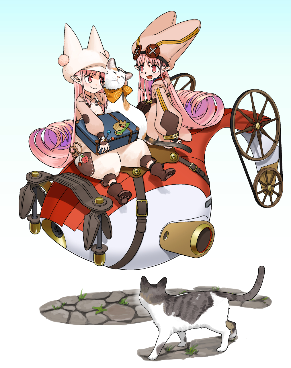 2girls, animal, bag, baggy_clothes, baggy_pants, button_eyes, buttons, cat, coat, dual_persona, fate/grand_order, fate_(series), habetrot_(fate), habetrot_(little_tailors)_(fate), hat, highres, hirai_yukio, long_hair, looking_at_animal, multiple_cats, multiple_girls, needle, open_mouth, pants, petting, pink_coat, pink_eyes, pink_hair, pink_hat, pointy_ears, satchel, scarf, sewing_needle, smile, spinning_wheel, spool, very_long_hair