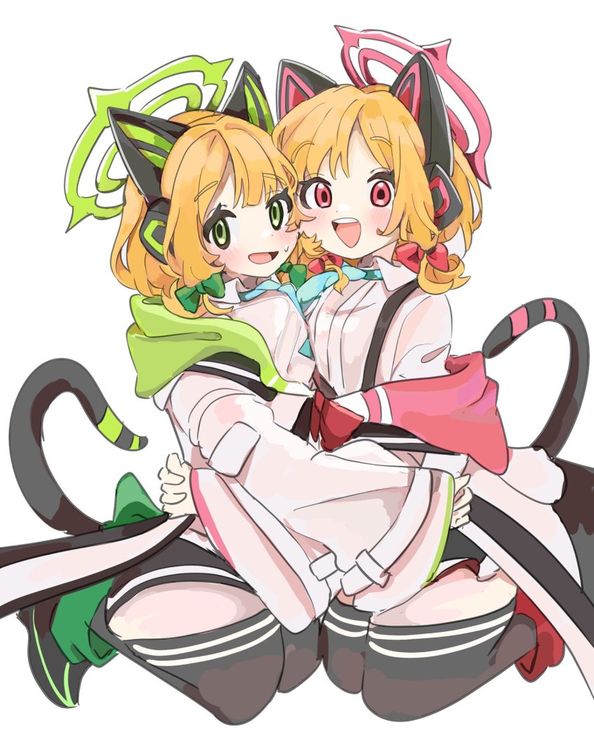 2girls, animal_ear_headphones, animal_ears, black_legwear, blonde_hair, blue_archive, blue_necktie, blush