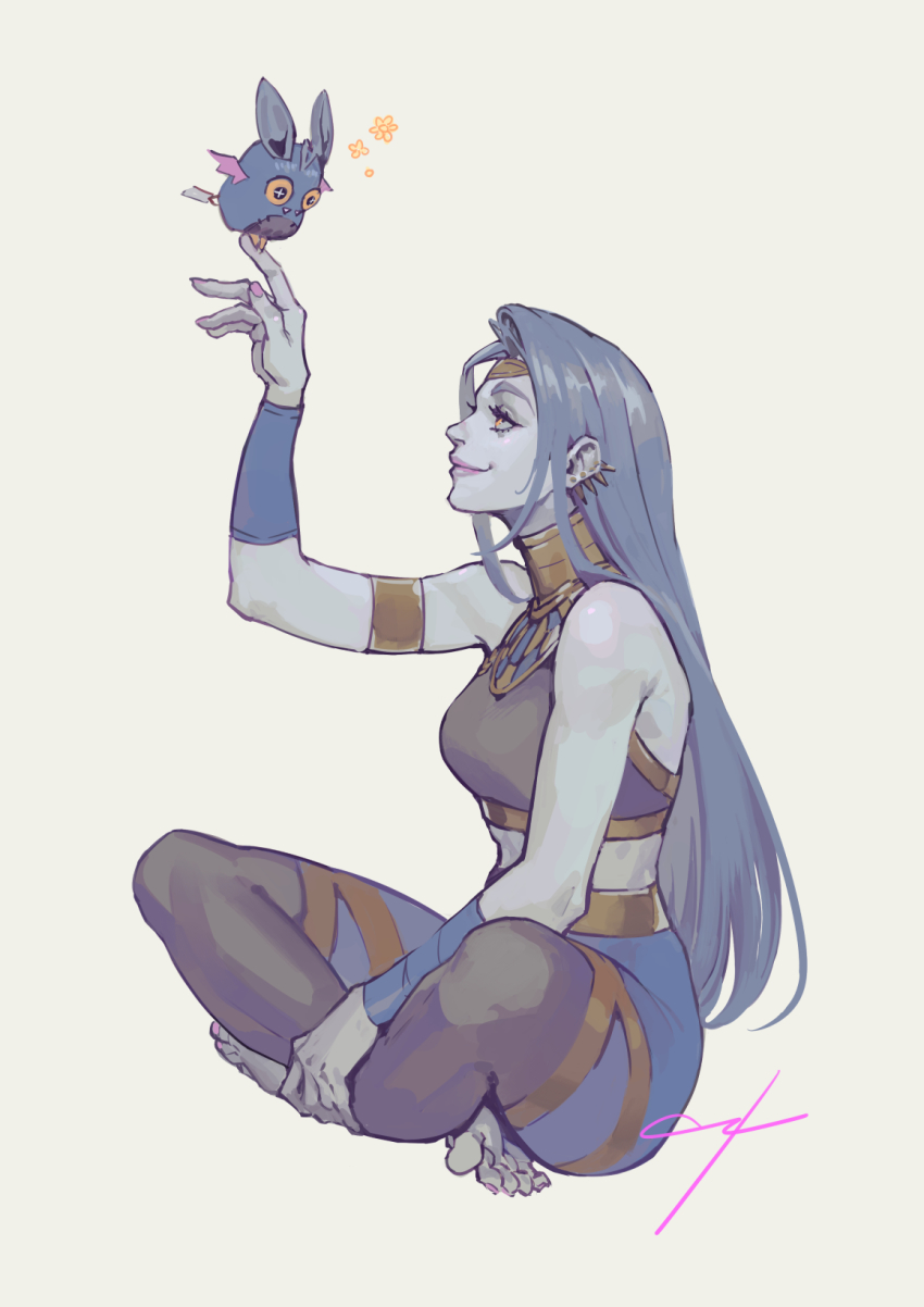 1girl, barefoot, blue_hair, blue_skin, colored_skin, ear_piercing, gorget, hades_(series), hades_1, hair_down, halterneck, highres, indian_style, leggings, long_hair, megaera_(hades), midriff, nail_polish, nishiki_areku, piercing, pink_lips, pink_nails, sitting, smile, stuffed_animal, stuffed_bat, stuffed_toy, yellow_eyes