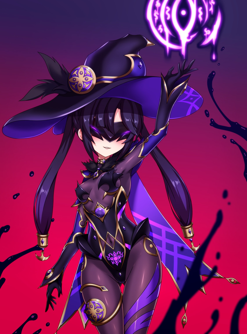 1girl, absurdres, blush, bodysuit, breasts, cape, corruption, dark_persona, entenca, genshin_impact, gloves, hair_ornament, hat, highres, jewelry, long_hair, looking_at_viewer, mask, medium_breasts, mona_(genshin_impact), purple_hair, shiny_clothes, smile, solo, thighlet, twintails, very_long_hair