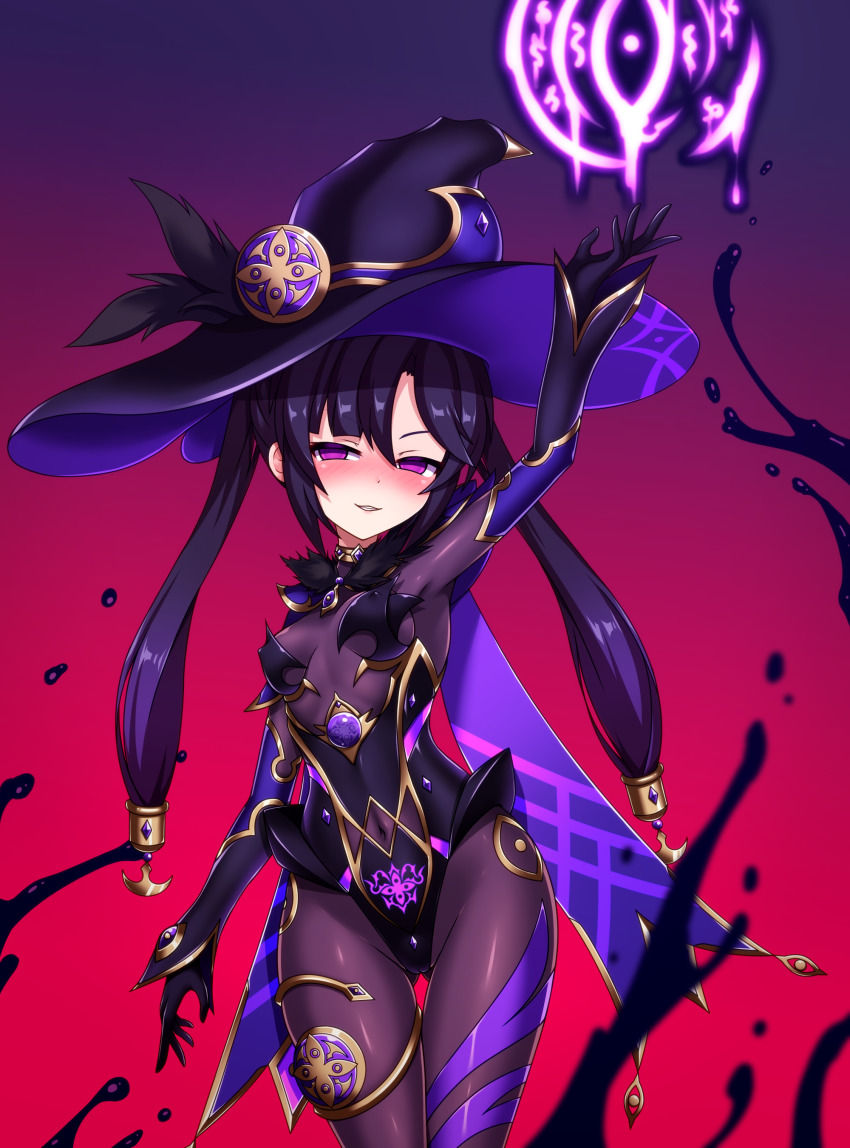 1girl, absurdres, blush, bodysuit, breasts, cape, corruption, dark_persona, entenca, genshin_impact, gloves, hair_ornament, hat, highres, jewelry, long_hair, looking_at_viewer, medium_breasts, mona_(genshin_impact), purple_eyes, purple_hair, shiny_clothes, smile, solo, thighlet, twintails, very_long_hair, yandere_trance