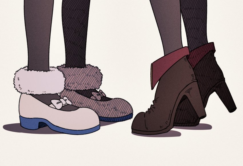 2girls, ankle_boots, black_pantyhose, boots, foot_focus, footwear_focus, fur_trim, height_difference, high_heel_boots, high_heels, highres, hololive, homura_(hmr0222), houshou_marine, kiss, mary_janes, multiple_girls, pantyhose, shoes, tiptoe_kiss, tiptoes, usada_pekora, virtual_youtuber, white_background, yuri