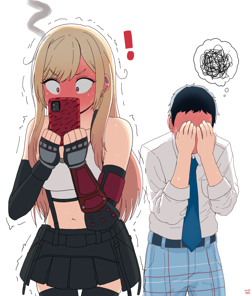 !, 1boy, 1girl, bare_shoulders, belt, black_belt, black_gloves, black_skirt