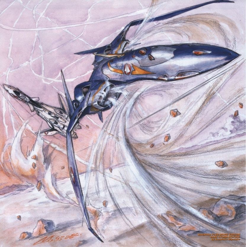 1990s_(style), battle, colored_pencil_(medium), contrail, dated, desert, epic, flying, guld_goa_bowman, isamu_dyson, itano_circus, macross, macross_plus, mecha, missile, miyatake_kazutaka, mountain, no_humans, official_art, production_art, retro_artstyle, robot, rock, sandstorm, scan, science_fiction, traditional_media, vehicle_focus, yf-19, yf-21