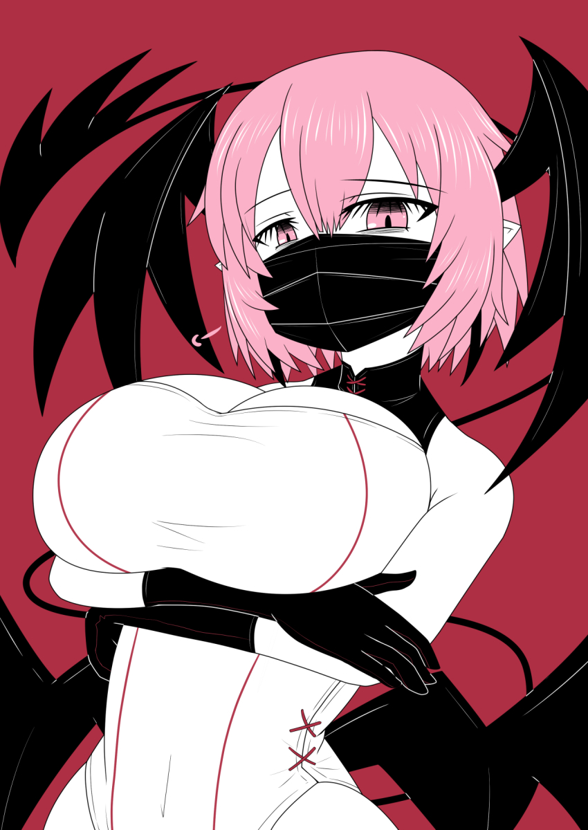 1girl, arm_under_breasts, bat_wings, berun_(zakeruga1zakeru), black_gloves, black_mask, black_tail, black_wings
