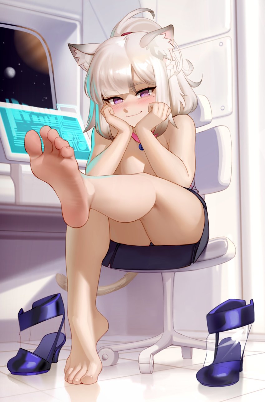 1girl, absurdres, animal_ear_fluff, animal_ears, bare_arms, bare_legs, bare_shoulders, barefoot, black_skirt, blush, braid, breasts, cat_ears, cat_tail, chair, collar, commentary, crown_braid, english_commentary, feet, foot_focus, foot_up, foreshortening, full_body, grin, head_rest, high_heels, highres, kairunoburogu, legs, looking_at_viewer, medium_breasts, mole, mole_under_eye, office_chair, original, outstretched_leg, pink_collar, pink_eyes, ponytail, presenting_foot, see-through_clothes, see-through_footwear, shoes, sitting, skirt, smile, soles, solo, spacecraft, spacecraft_interior, swivel_chair, tail, thighs, tiptoes, toenails, toes, unworn_shoes, white_hair