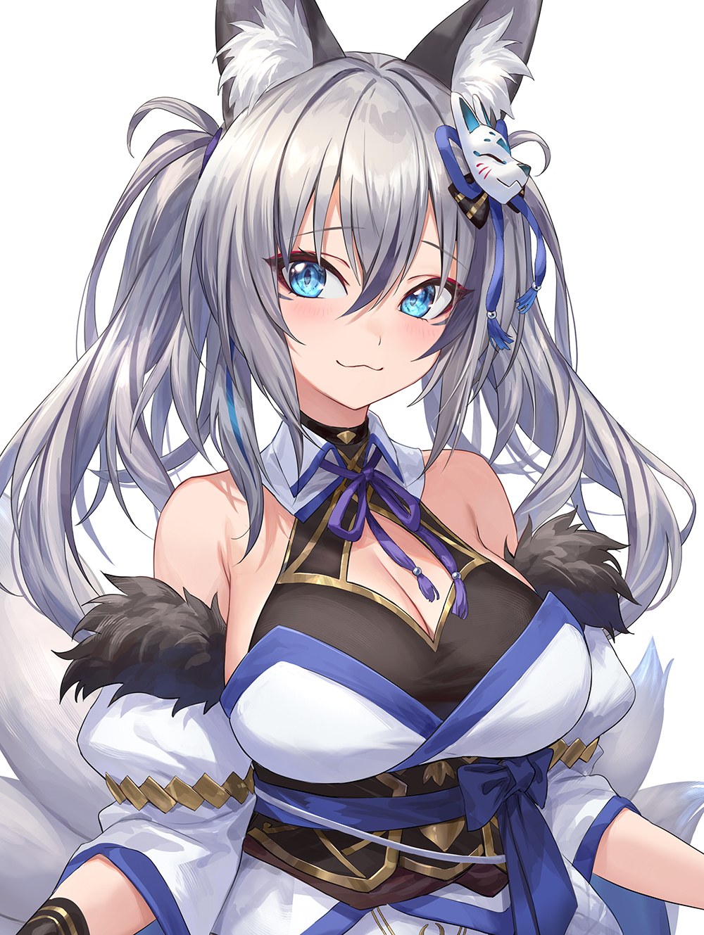 1girl, :3, animal_ear_fluff, animal_ears, bare_shoulders, blue_eyes, breasts, commentary_request
