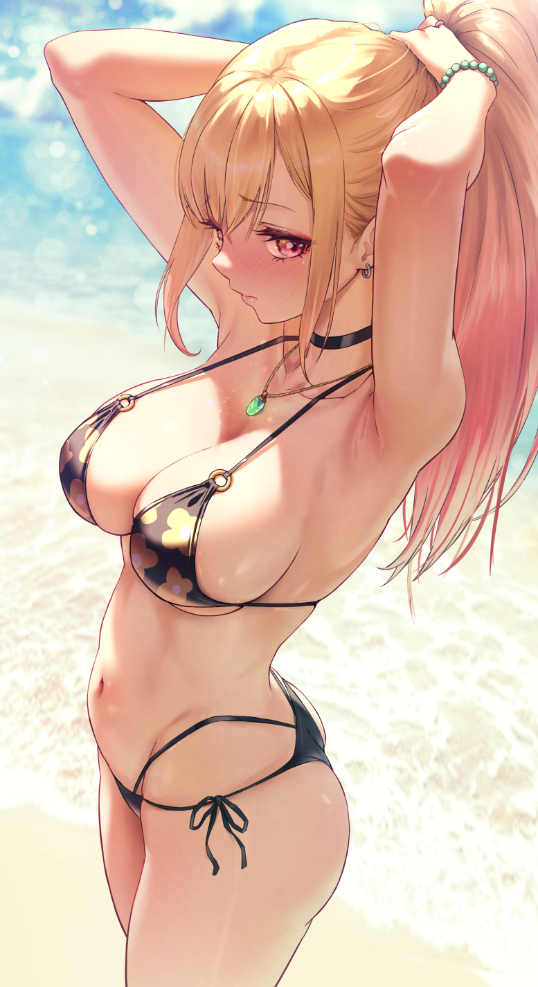 1girl, adjusting_hair, armpits, arms_up, ass, beach, bead_bracelet, beads