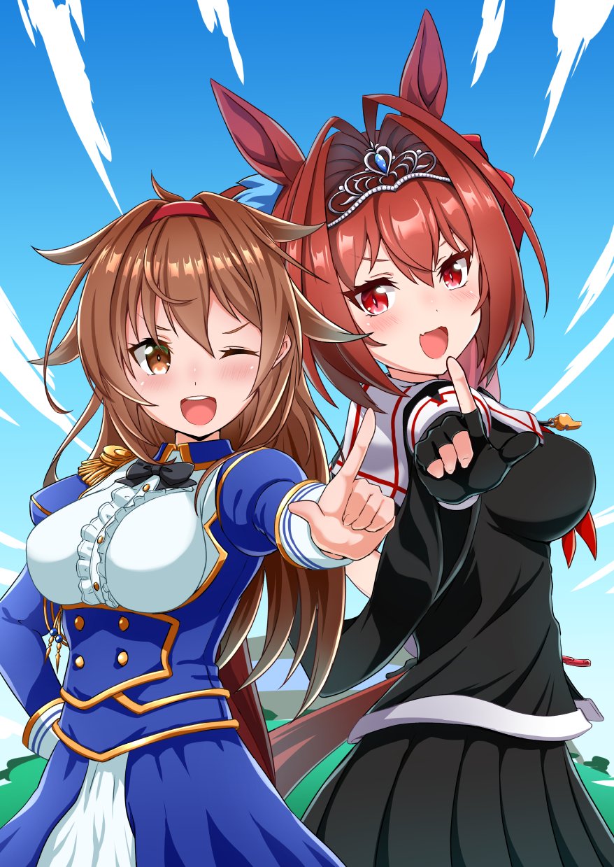 2girls, animal_ears, black_bow, black_bowtie, black_gloves, black_serafuku, bow, bowtie