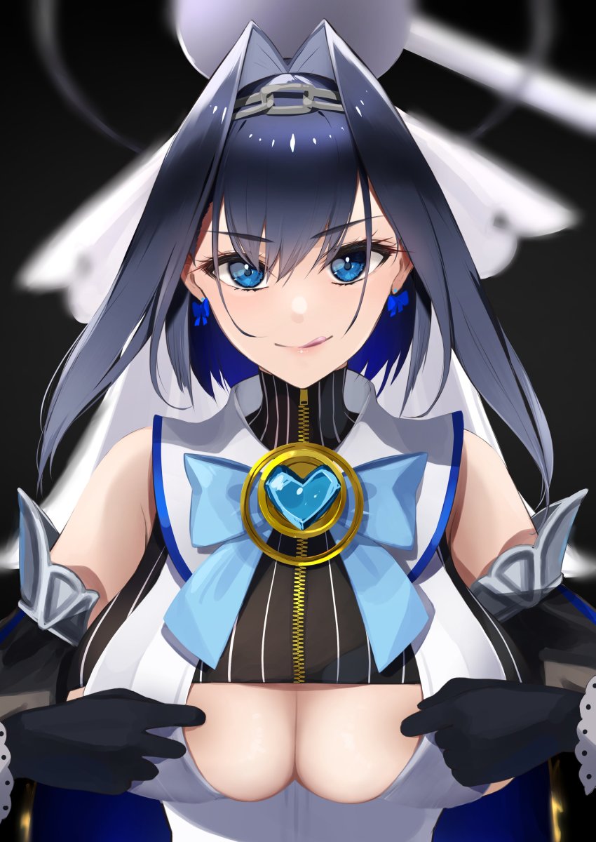 1girl, absurdres, bare_shoulders, black_background, black_gloves, blue_cape, blue_eyes, blue_hair