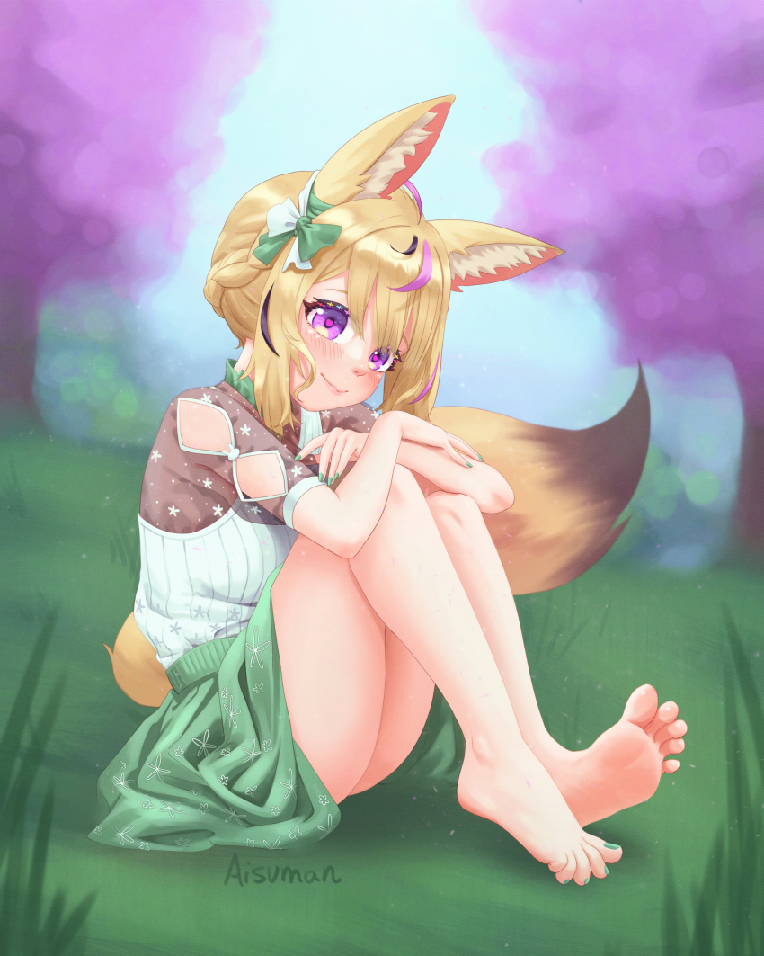 1girl, absurdres, aisuman, alternate_costume, animal_ear_fluff, animal_ears, artist_name, bare_legs, barefoot, blonde_hair, blurry, blush, braid, closed_mouth, crown_braid, depth_of_field, feet, fox_ears, fox_girl, fox_tail, full_body, grass, green_nails, green_ribbon, hair_ribbon, hands_on_own_knees, head_tilt, heart, heart-shaped_pupils, highres, hololive, knees_up, lips, long_hair, looking_at_viewer, multicolored_hair, nail_polish, omaru_polka, omaru_polka_(casual), on_ground, outdoors, purple_eyes, purple_hair, ribbon, see-through_clothes, see-through_sleeves, sitting, smile, soles, solo, spread_toes, streaked_hair, symbol-shaped_pupils, tail, thighs, toenail_polish, toenails, toes, virtual_youtuber