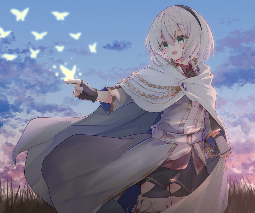 1girl, amnesia_(majo_no_tabitabi), black_gloves, black_hairband, black_skirt, black_thighhighs, blush, boots