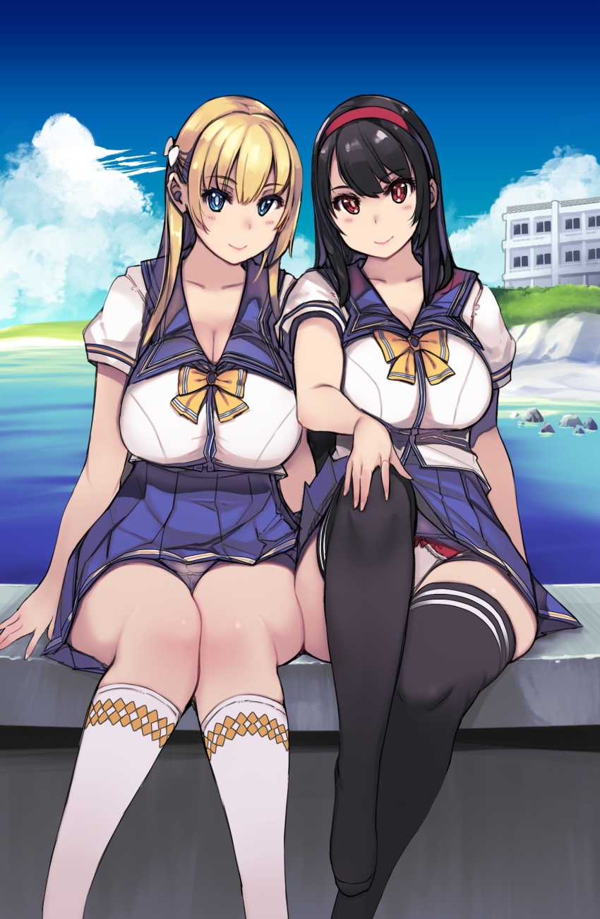 2girls, black_hair, black_legwear, blonde_hair, blue_eyes, blue_sailor_collar, blue_skirt, blue_sky