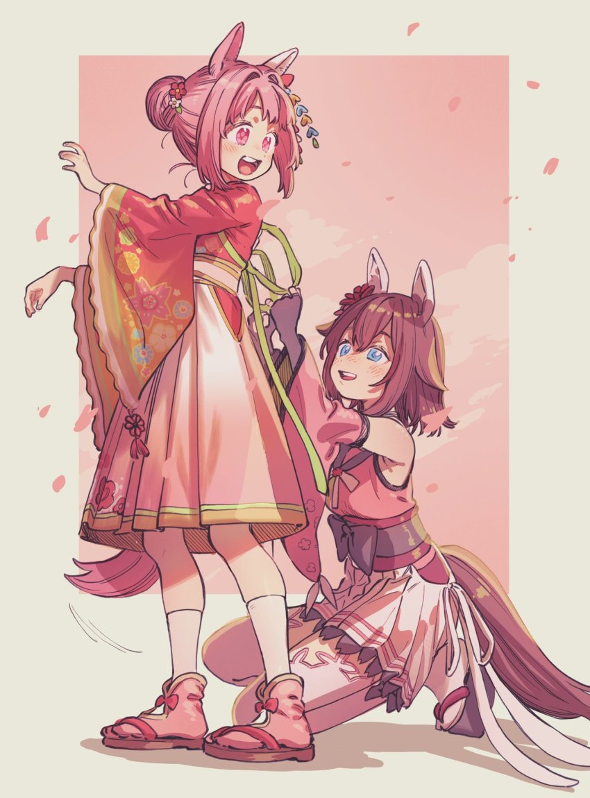 2girls, animal_ears, blue_eyes, blush, brown_hair, cherry_blossoms, clothing_cutout, commentary_request