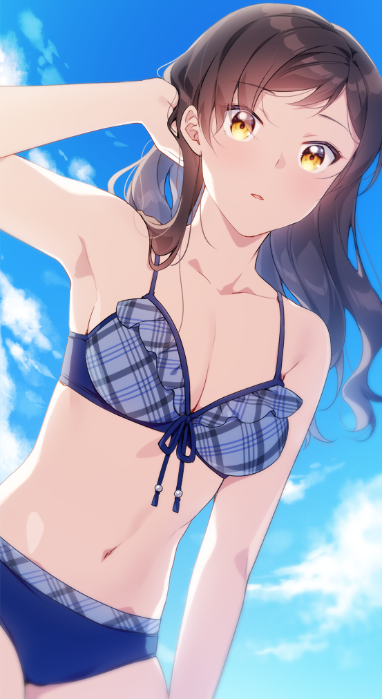 1girl, armpits, bare_arms, bikini, blue_bikini, blue_ribbon, blue_sky, breasts