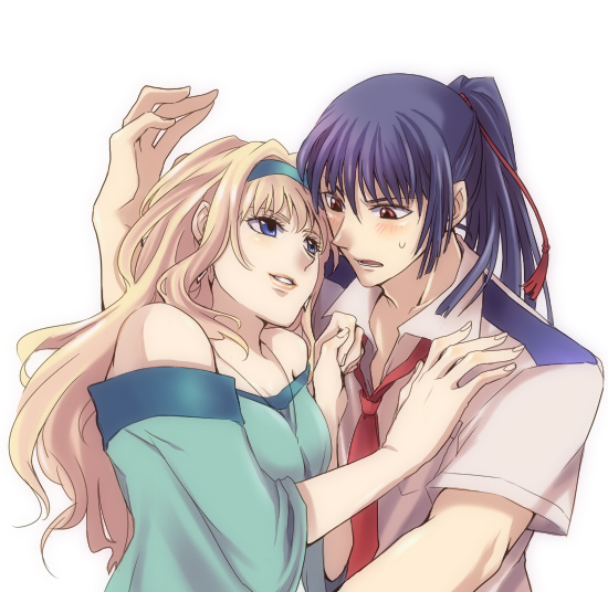 00s, 1boy, 1girl, blonde_hair, blue_eyes, blue_hair, blush, breasts