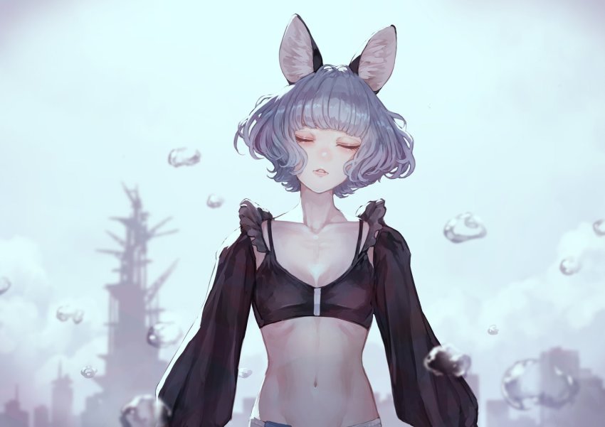 1girl, animal_ears, blunt_bangs, breasts, closed_eyes, facing_viewer, grey_hair, highres, kamitsubaki_studio, kaoming, long_sleeves, navel, nina_(valis), parted_lips, short_hair, sinsekai_record, small_breasts, solo, upper_body, valis_(sinsekai), virtual_youtuber