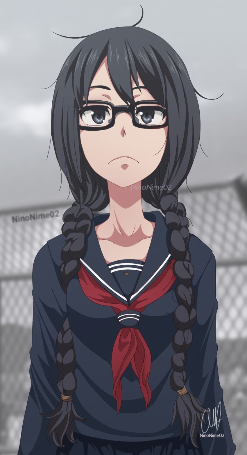 1girl, black_hair, braid, emergence_(shindol), fence, frown, glasses, grey_eyes