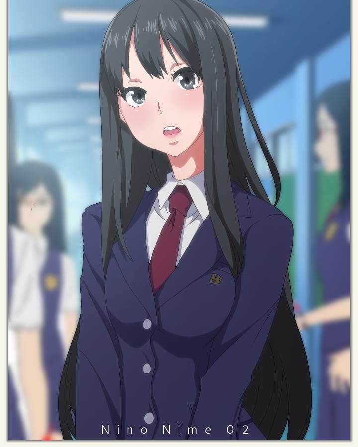 4girls, black_hair, blush, emergence_(shindol), grey_eyes, long_hair, multiple_girls, ninonime02, open_mouth, school_uniform, solo_focus, yoshida_saki