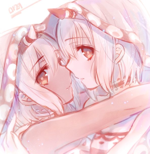 2girls, ainu_clothes, aquaplus, bare_arms, bare_shoulders, blush, breasts, bright_pupils
