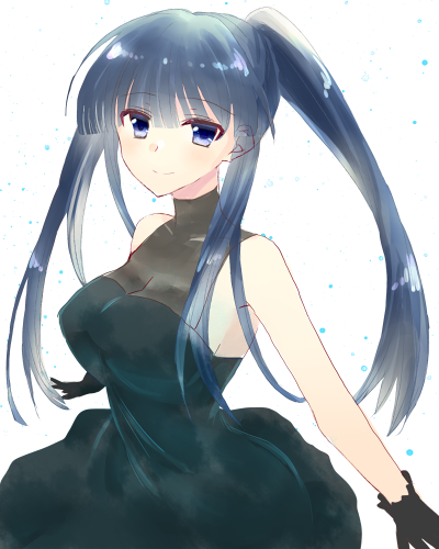 1girl, absurdly_long_hair, aquaplus, bare_shoulders, black_dress, black_gloves, black_hair, blue_eyes
