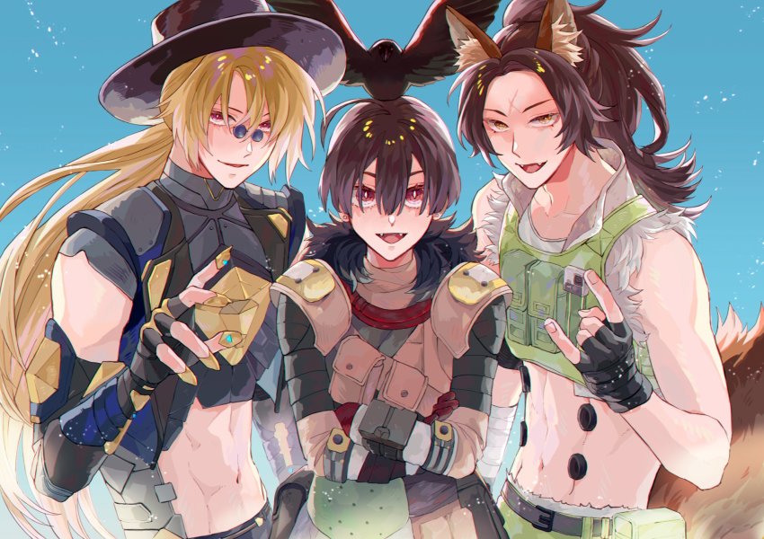 3boys, bird, blonde_hair, bloodhound_(apex_legends), brown_eyes, brown_hair, eagle, fangs, glasses, hat, hazuki_06, highres, indie_virtual_youtuber, long_hair, midriff, multiple_boys, pale_skin, paradise_(vtuber), ponytail, purple_eyes, red_eyes, sahua, scar, scar_on_face, scar_on_forehead, vampire, virtual_youtuber, woof_woffle