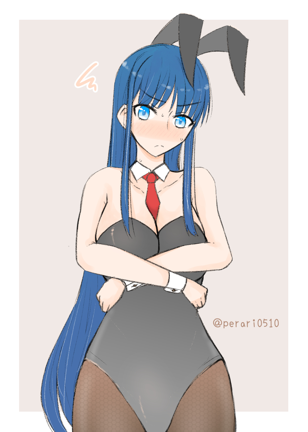 1girl, aquaplus, bare_shoulders, blue_eyes, blue_hair, blush, breasts, cleavage, closed_mouth, collar, collarbone, cowboy_shot, fishnet_pantyhose, fishnets, gradient_eyes, highres, large_breasts, long_hair, looking_at_viewer, multicolored_eyes, pantyhose, perari0510, playboy_bunny, rabbit_ears, sidelocks, signature, sleeveless, solo, standing, sweat, touma_kazusa, very_long_hair, white_album, white_album_(series), white_album_2, wrist_cuffs