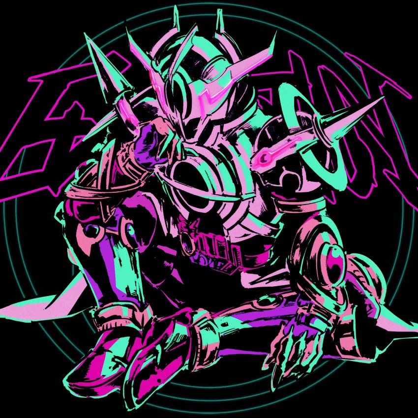 1boy, alien, armor, black_hole, bodysuit, boots, evol_blackhole, evol_driver, evolto, gold_armor, hand_on_own_face, highres, horns, kamen_rider, kamen_rider_build_(series), kamen_rider_evol, long_coat, male_focus, neon_lights, neon_trim, red_footwear, rider_belt, scheming, science_fiction, sitting, villain_pose, white_armor, white_horns, y_a_m_a_y_a