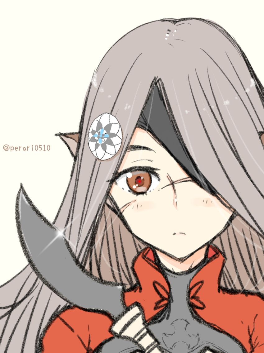 1girl, animal_ears, aquaplus, brown_eyes, eyepatch, facial_scar, grey_hair, highres