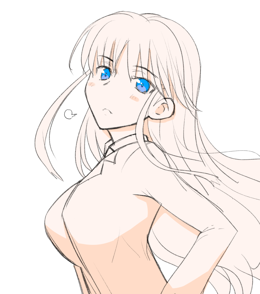 1girl, aquaplus, blue_eyes, blush, breasts, closed_mouth, from_side, highres