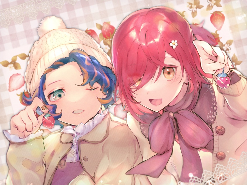 2boys, :d, absurdres, asagiri0700, astel_leda, beanie, blonde_hair, blue_hair