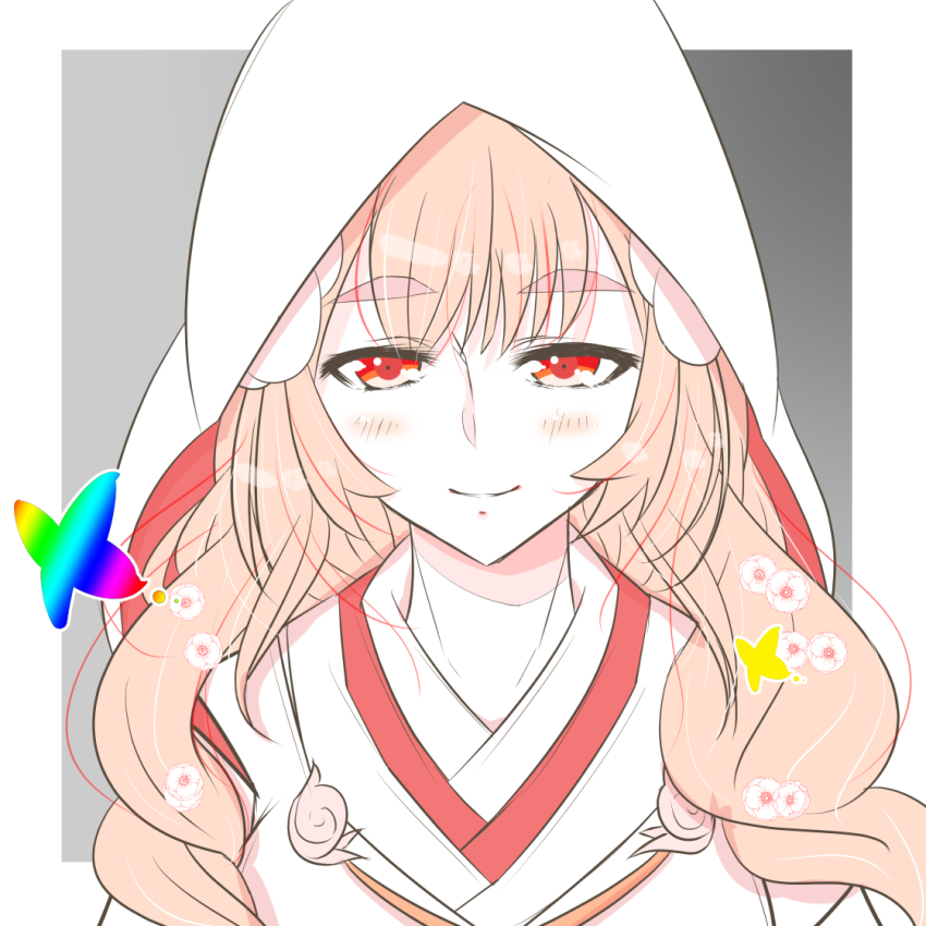 1girl, aquaplus, blush, breasts, bug, butterfly, curly_hair, flower