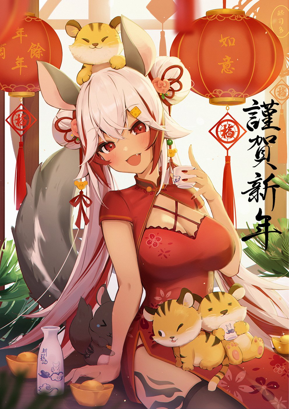 1girl, animal, animal_on_head, breasts, chilla_behemos, china_dress, chinese_clothes, chinese_commentary