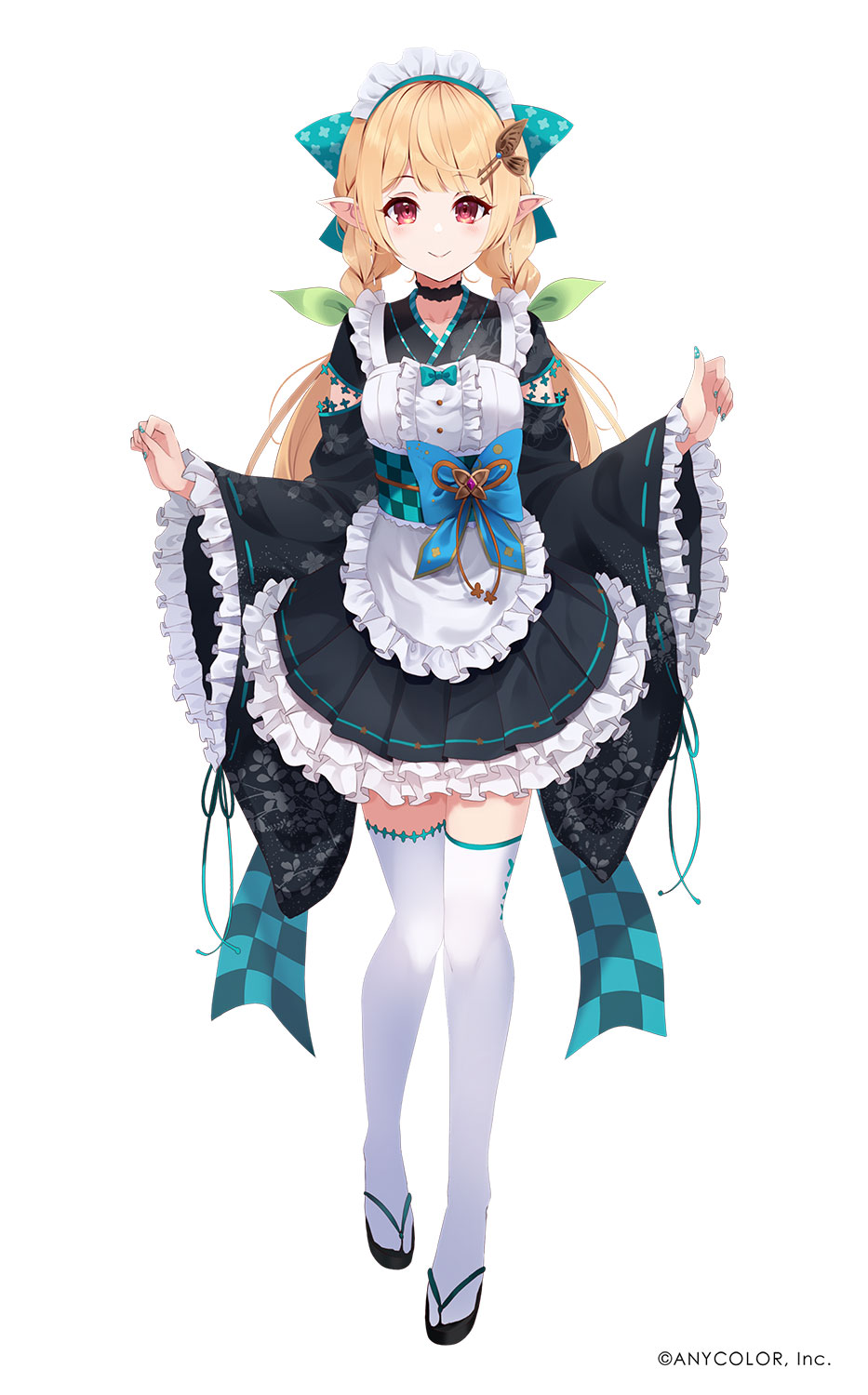 1girl, apron, black_kimono, blonde_hair, blue_bow, bow, braid, brown_eyes, butterfly_hair_ornament, copyright_notice, green_nails, hair_behind_ear, hair_ornament, highres, japanese_clothes, kimono, kujou_ichiso, maid, maid_apron, maid_headdress, nail_polish, nijisanji, nijisanji_en, obi, official_alternate_costume, official_art, pointy_ears, pomu_rainpuff, pomu_rainpuff_(2nd_costume), sandals, sash, simple_background, smile, solo, thighhighs, twin_braids, virtual_youtuber, wa_maid, white_background, white_thighhighs, zouri