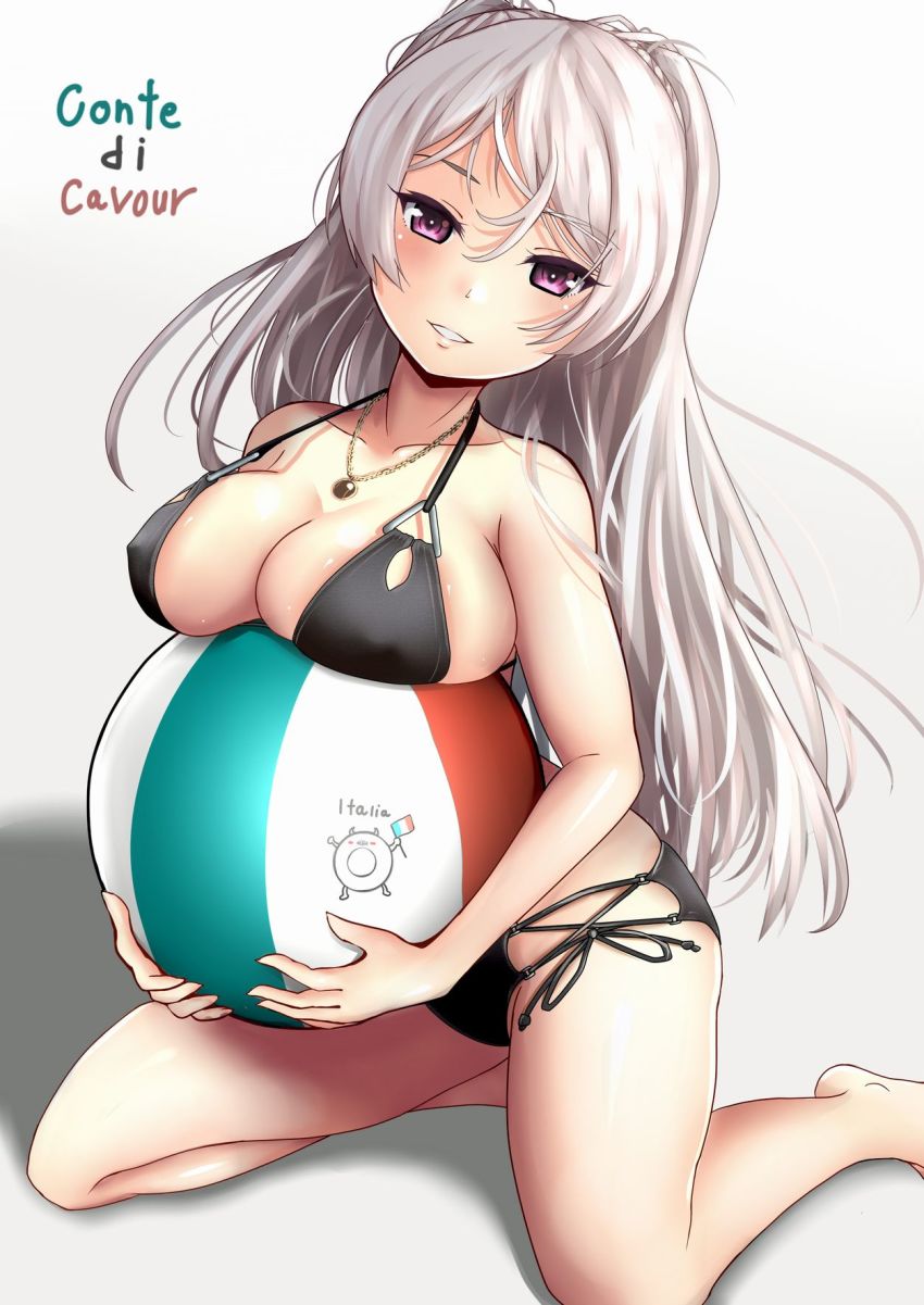 1girl, ball, beachball, bikini, black_bikini, breast_press, breasts, character_name