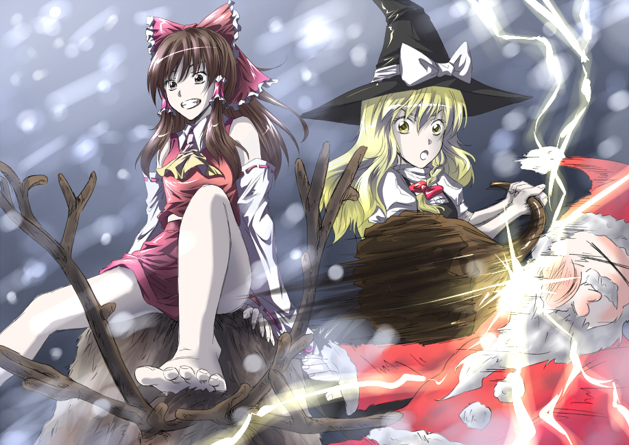 1boy, 2girls, bad_id, bad_pixiv_id, barefoot, blonde_hair, bow, braid