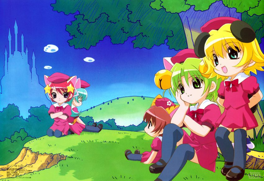 5girls, blonde_hair, blue_hair, brown_hair, child, dejiko, di_gi_charat, dress