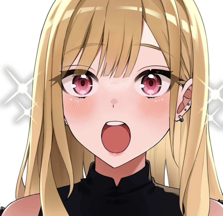 1girl, :o, bare_shoulders, black_shirt, blonde_hair, blush, close-up, ear_piercing