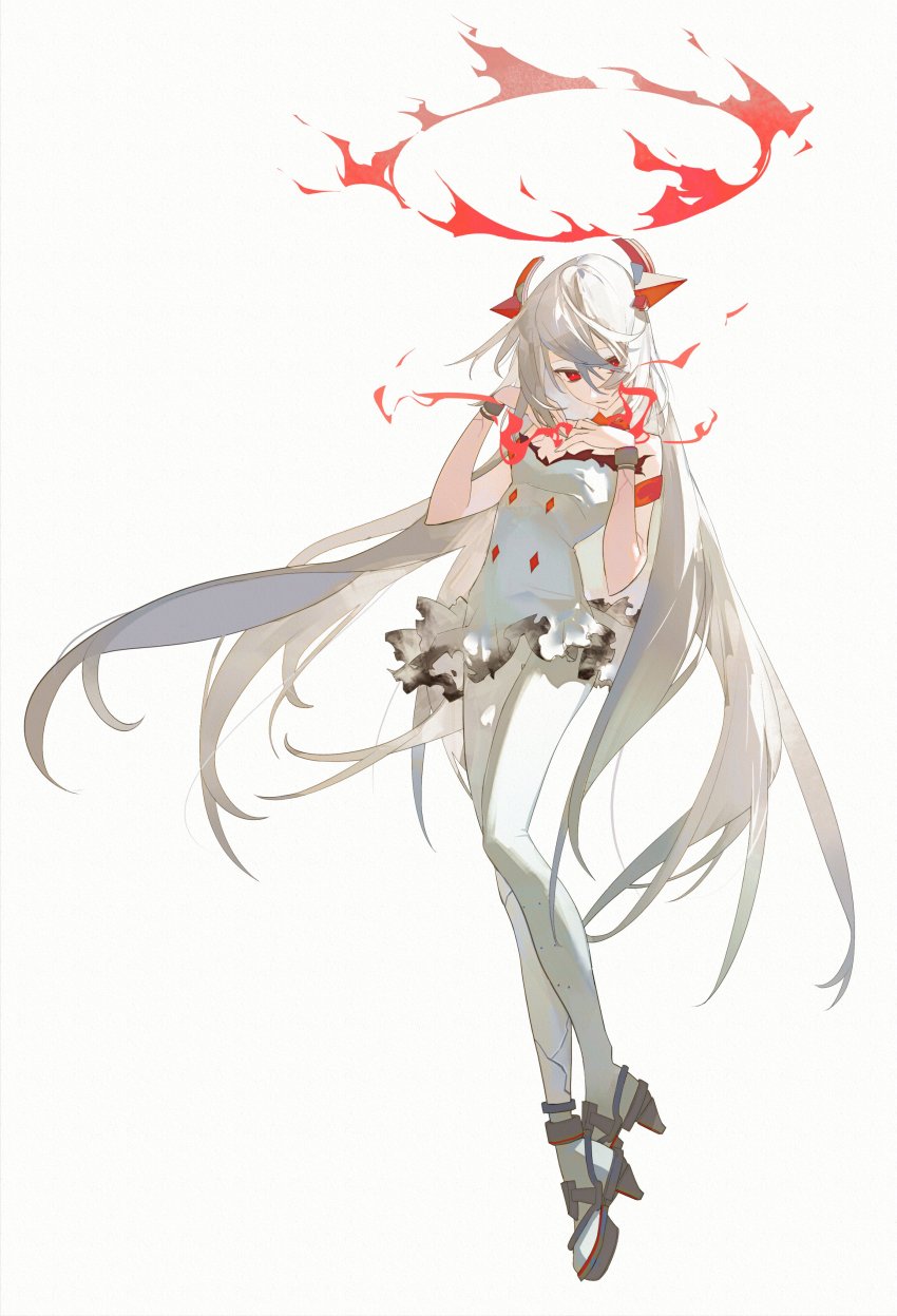 1girl, absurdres, alchemy_stars, bare_shoulders, breasts, burnt_clothes, cracked_skin, dress